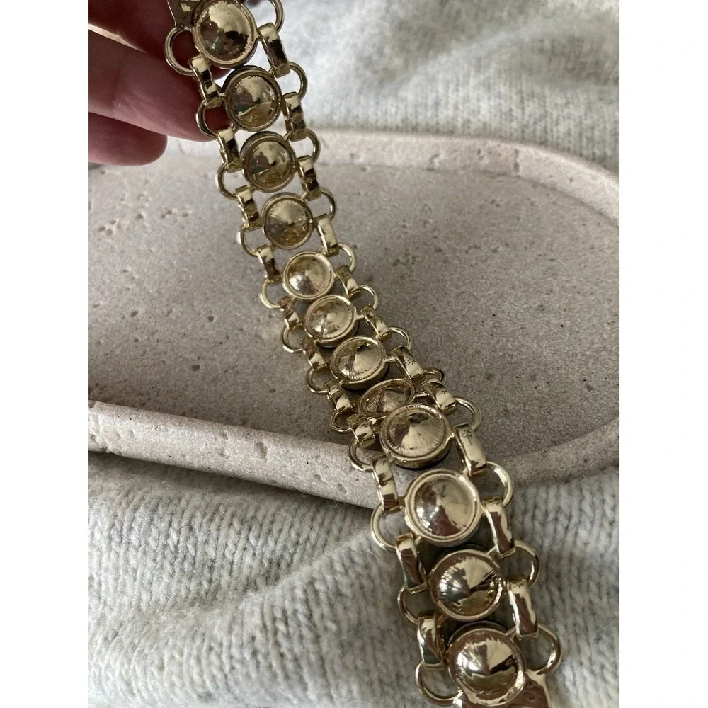 Wide Gold Tone Bracelet Green Faceted Bling Tennis Statement Chunky Costume
